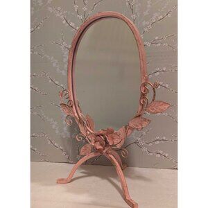 Shabby Chic Pink Metal Applied Flowers Mirror Vanity Table Italian Style Decor